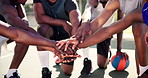 Hands, huddle or people with motivation on basketball court for planning mission, tactics or support. Training game, teamwork or closeup of athletes for leadership, fitness or workout in sports match