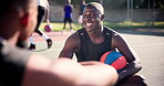 Basketball court, men and friends with conversation, relax and smile with sunshine and hobby. People on the ground, summer and group with discussion or talking with activity and fitness with exercise