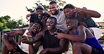 Men, basketball court and selfie for sport, smile and support with peace sign, fitness and web blog. Black people, athlete group and photography for profile picture, memory and social media in park