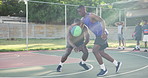 Men, basketball player and outdoor for game, dribble and speed with fitness, training or competition. Black people, athlete and sports with steps, skill and ball for contest, performance or exercise