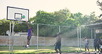 Men, basketball court and outdoor for game, dribble and speed with fitness, training or competition. Black people, athlete and sports with steps, jump and points for contest, performance or exercise