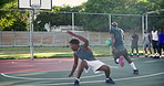 Men, basketball player and outdoor for game, competition and speed with fitness, training or dribble. Black people, athlete and sports with steps, jump and points for contest, challenge and exercise