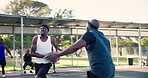 Men, basketball player and outdoor for slam dunk, game and speed with fitness, training and dribble. Black people, athlete and sports with steps, jump and points for contest, challenge and exercise