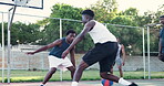 Men, team and basketball on court or basket in park for winning competition, exercise or workout. Male people, ball and playing game for collaboration training or performance, athlete or practice