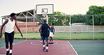 Black people, score or basketball court for game or workout in a challenge with team, speed or rival. Men, running dribble or sports exercise in park for fitness training for competition or athletes