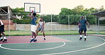 Black people, score or basketball court for game or sports in a challenge with team, jump or rival. Men, running dribble or workout exercise in park for fitness training for competition or athletes