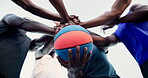 Teamwork, people or hands for motivation, basketball or solidarity for group mission, unity or support. Training game, low angle or athletes in huddle for exercise, fitness or workout in sports match