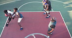 Sports, goals and score with people on basketball court for training, teamwork and hoop. Energy, shoot and challenge with men playing in stadium park from above for competition, dunk and winner