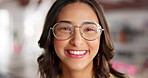 Face, smile and business woman with glasses in startup, office or company for career of employee in Brazil. Portrait, happy and creative professional, entrepreneur and female designer working at job