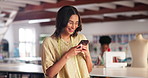 Fashion, design or girl with phone, typing or networking for creative small business owner in workshop. Woman, tailor or professional designer checking email, social media or online meme on cellphone