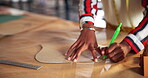Hand, drawing and template for fashion design or pattern for production manufacturing, small business or creative. Person, paper and planning for seamstress art or textile clothes, handmade or tailor