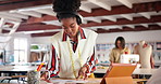 Fashion, tablet and black woman drawing with headphones, tablet and creative small business workshop. Inspiration, tailor or designer with digital app, listening to music and sketch plan at startup.
