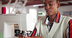 Woman, fabric and sewing machine or fashion production in worksop or small business, boutique or seamstress. Female person, thread and tailor equipment in studio for creative design, retail or career