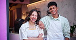 Smile, arms crossed and friends in coffee shop for welcome in small business startup as owner or employee. Portrait, happy or laughing with young man and woman in cafe for hospitality and service