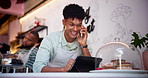 Phone call, tablet and man barista in coffee shop for online, internet or website order. Smile, small business and male waiter at cash register with digital technology on mobile conversation in cafe.