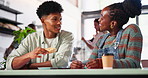 Love, bonding and date with couple in cafe for romance, donut and relax. Happiness, valentines day and break with man and woman eating in coffee shop for conversation, food and smile together