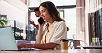 Laptop, phone call and woman in coffee shop working on creative freelance project with internet. Research, technology and young female designer on mobile conversation and typing on computer in cafe.