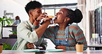 Love, donut and date with couple in cafe for romance, bonding and relax. Happiness, valentines day and break with man and woman eating in coffee shop for conversation, food and smile together