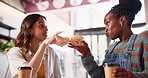 Donut, toast and friends at coffee shop for brunch snack, fun or bonding with cake celebration. Dessert, cheers or women at restaurant with sugar food, conversation and holiday, vacation or reunion