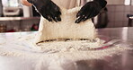 Cooking, dough and hands of person in bakery for food, small business or bread production. Chef, restaurant and nutrition with baker and flour in kitchen for dessert, culinary and pastry preparation