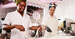 Bakery, women partner and prepare dough for pastry in a small business with a smile. Kitchen, restaurant and diverse team cooking or baking bread for food or meal in a cafe with training for a chef