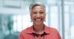 Face, manager and mature business woman in office for creative career, job and entrepreneur in Brazil. Portrait, happy and smile of professional, boss and funny designer laughing in startup company