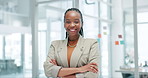 Face, business and black woman with arms crossed, smile for job and employee work in Kenya in office. Portrait, happy and confident African professional, agent or funny entrepreneur laugh in company