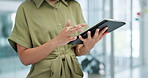 Hands, businesswoman and tablet for planning in office, online research and scrolling on internet. Female person, networking and review or checking feedback on app, agenda and web or closeup of tech