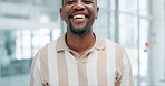 Face, smile and black man in business office for creative career, job and employee work in Kenya. Portrait, happy and African professional, designer and funny entrepreneur laughing in startup company