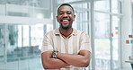 Face, business and black man with arms crossed, smile and  creative career of worker in Kenya. Portrait, happy and confident African professional, designer and entrepreneur laughing in startup office
