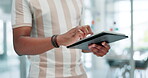 Hands, businessman and tablet for networking in office, online research and scrolling on internet. Male person, creative agency and review or checking feedback on app, agenda and website or closeup