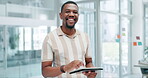 Businessman, tablet and face for networking in office, online research and scrolling on internet. Black male person, communication and laugh for humor in notification, plan and web or app in portrait