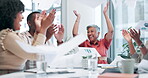 Team, success and celebration with paper and applause for achievement and news of feedback in meeting. Happy, clapping or staff throw documents or results in air with cheers in business collaboration