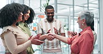 Happy, business people and handshake with applause for congratulations, teamwork or success at office. Excited group of employees shaking hands and clapping in celebration for promotion at workplace
