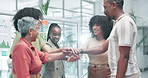 Happy, business people and applause with hands together in celebration for teamwork or motivation at office. Group of excited employees piling and clapping in congratulations for success at workplace
