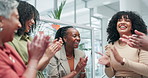 Business people, hands together and applause in celebration for teamwork or motivation at office. Group of happy employees piling and clapping in congratulations for promotion or success at workplace