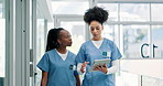 Teamwork, nurses and tablet for planning or research in hospital, info and report on technology. Women, doctors and networking or checking results for diagnosis, online and discussion on healthcare