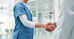 Handshake, greeting and doctor meeting for teamwork, partnership and agreement on healthcare. B2b, recruitment and hello or welcome for onboarding in clinic, introduction and trust in cooperation