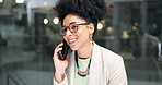 Phone call, smile and business woman in office for communication, networking or negotiation. Corporate, mobile and happy young professional employee with glasses in workplace for contact or planning