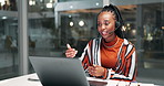 Customer service, laptop and black woman call center agent consulting client online with headset.Technical support, contact us and female consultant work overtime on computer in ecommerce in office.