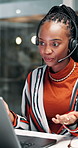 Online meeting, consulting and black woman in office for proposal, advice or video call with headset. Virtual assistant, advisor and business development at corporate conference for sales growth.