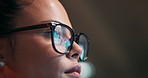 Woman, eyes and coding with glasses for programing, research and development at office. Closeup or face of female person, programmer or coder in focus for algorithm or problem solving at workplace