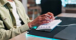Hands, keyboard or typing with productivity in office on neon mousepad or connection for computer programming. Person, working and busy on information technology for software and networking at night