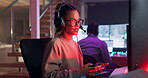 Woman, video game and headset or controller with neon lights or online communication, live stream or futuristic. Female person, cyberpunk and talk in basement or late night, virtual or entertainment
