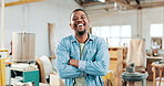 Face, woodwork and black man with arms crossed, smile and startup with entrepreneur and confidence. African person, worker or manufacturer with textile workshop or industry with equipment or portrait