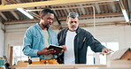 Woodwork, men and carpenter with tablet in workshop manufacturing or engineering project. People planning, teamwork or industrial worker in warehouse talking or speaking of building timber production