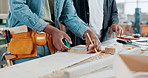Engineering, teamwork or hands of carpenter in workshop manufacturing furniture woodwork. Closeup, production tools or industrial worker in warehouse to measure for building timber or collaboration