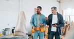 Carpenter, men and tablet in factory, together and talking for planning on app with design partnership. People, employee and small business owner in warehouse, industry and manufacturing with wood