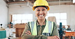 Face, mature engineer or happy woman with arms crossed in woodwork workshop. Portrait, smile or confident professional architect, contractor or supervisor in helmet at factory for carpentry in Brazil