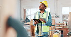 Warehouse, inspection and man with tablet in construction, planning for building and maintenance. Factory, engineer and person with research on tech for workshop, project and checklist of inventory